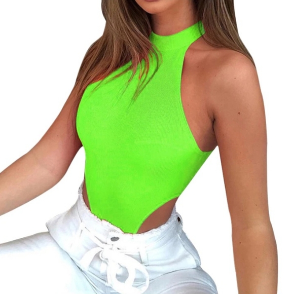 Tops - Women green neon mock neck sleveless bodysuit
